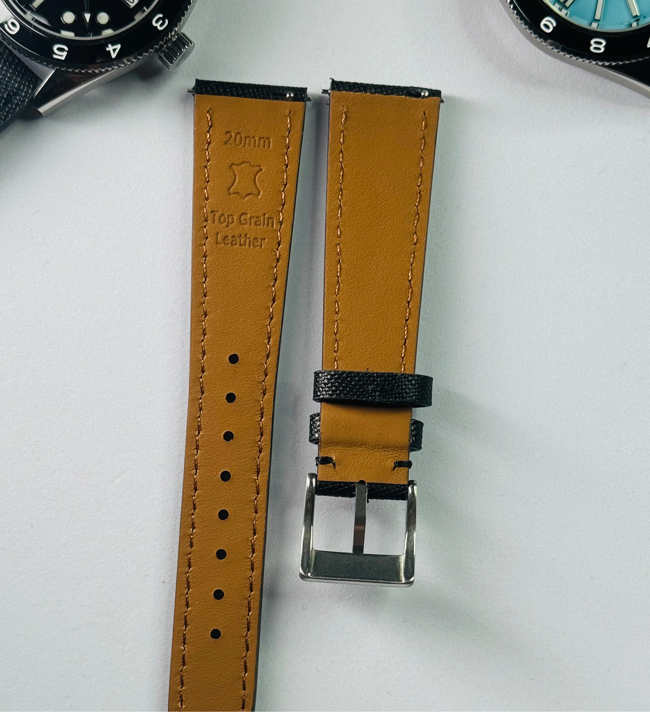 Top Grain Leather Strap – 20mm, Black with Logo Buckle - Image 4