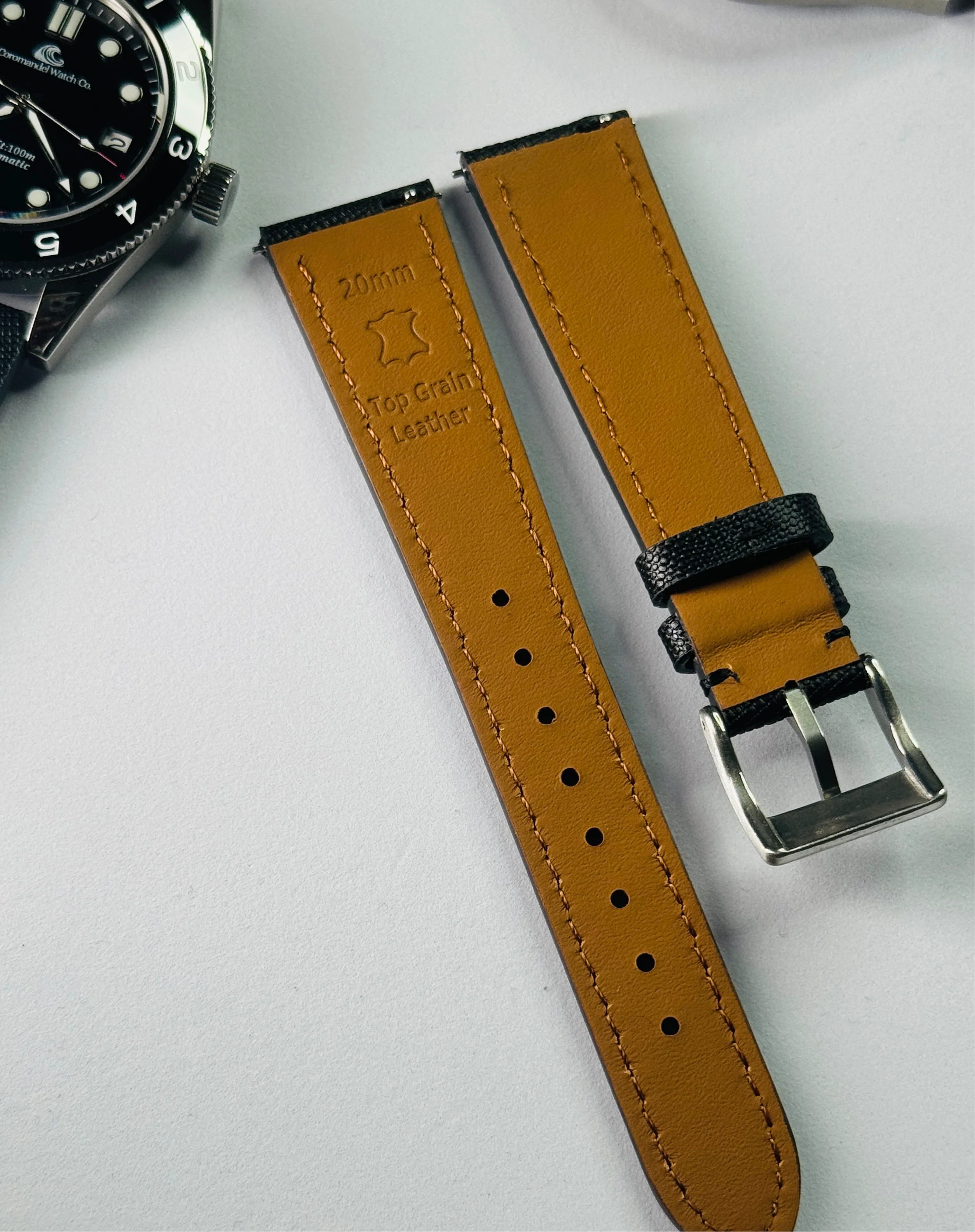 Top Grain Leather Strap – 20mm, Black with Logo Buckle - Image 5